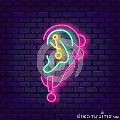 Vector Piercing studio neon light sign Pierced ear Vector Illustration