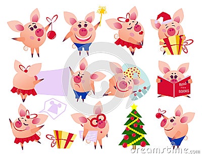 Vector pig set in different situations. Vector Illustration