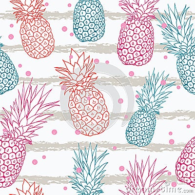 Vector pineapple on grunge stripes summer colorful tropical seamless pattern background. Great as a textile print, party Vector Illustration