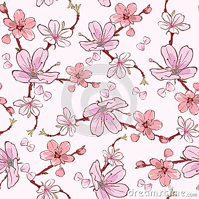 Vector Pink Cherry Sakura Flowers Seamless Pattern Vector Illustration