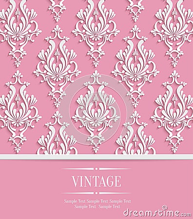 Vector Pink 3d Vintage Background for Greeting or Invitation Card with Damask Floral Pattern Vector Illustration