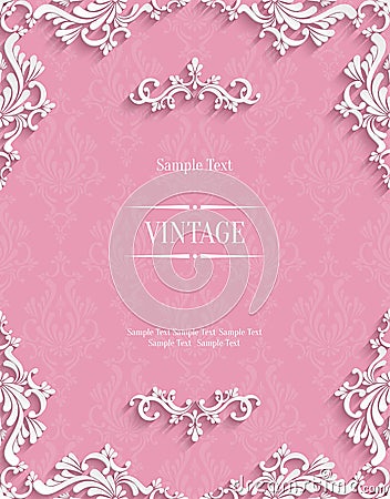 Vector Pink 3d Vintage Invitation Card with Floral Damask Pattern Vector Illustration