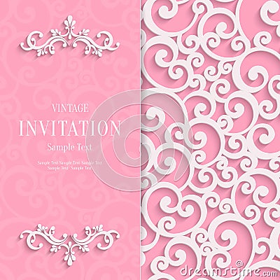 Vector Pink 3d Vintage Invitation Card with Swirl Vector Illustration