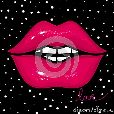 Vector pink female lips. Glow and vivid design. Sweet kiss. Glam Vector Illustration