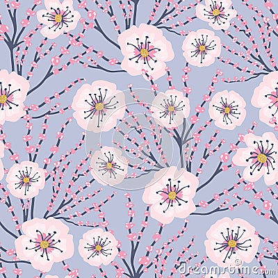 Vector Pink Flowers Blue Background Cherry Blossom Meadows Seamless Pattern Vector Illustration