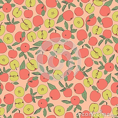 Vector pink green yellow apple tossed seamless repeat pattern Stock Photo