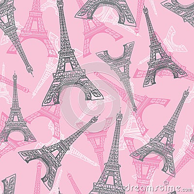 Vector Pink Grey Eifel Tower Paris Seamless Repeat Pattern. Perfect for travel themed postcards, greeting cards Vector Illustration
