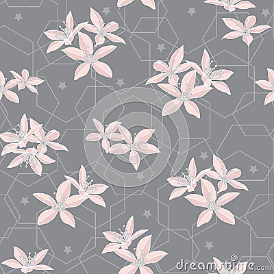 Vector pink grey flower hexagon seamless pattern print background. Vector Illustration