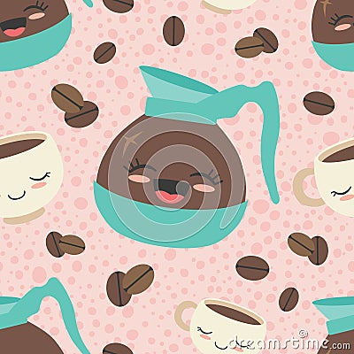 Vector Pink Happy Coffee Seamless Pattern Background Vector Illustration