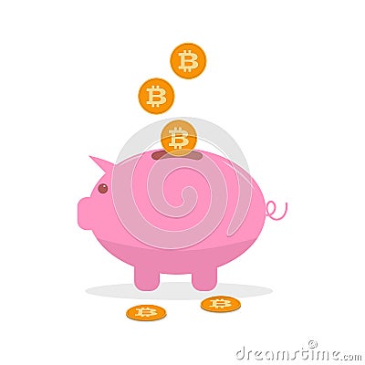 Vector pink money box with bitcoin coin. Cryptocurrency concept. Vector Illustration