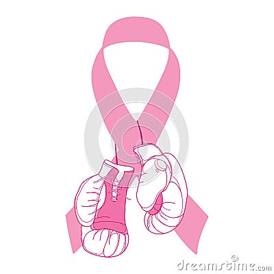 Vector pink ribbon with fighting boxing gloves isolated on white background. Design with gloves and ribbon. Vector Illustration