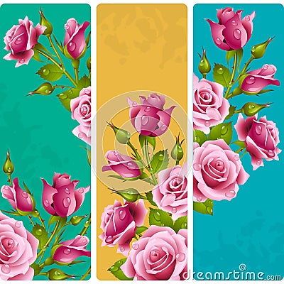 Vector pink Rose frames. Set of floral vertical banners Vector Illustration