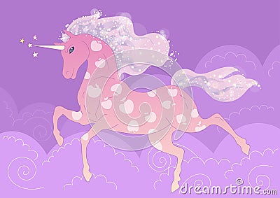 Vector Pink Unicorn in the apples on the background of purple clouds Vector Illustration