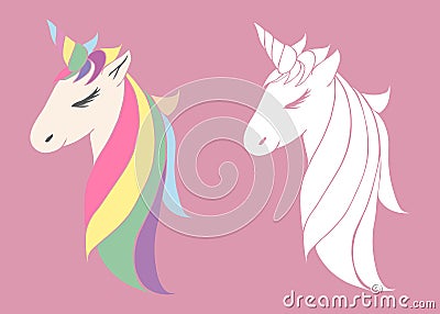 Vector pink unicorn beautiful for girls. holiday purple for a birthday. head of a unicorn with a horn mane for coloring Stock Photo