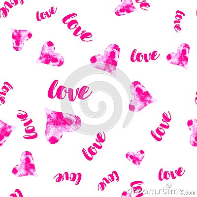 Vector pink Watercolour hearts with love seamless pattern. Romantic background Vector Illustration