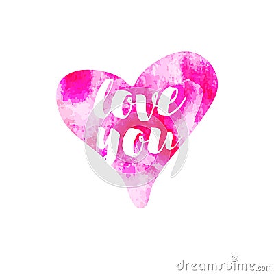 Vector pink Watercolour hearts love you on white background. Romantic element for wrapping, tissue, greeting cards Vector Illustration
