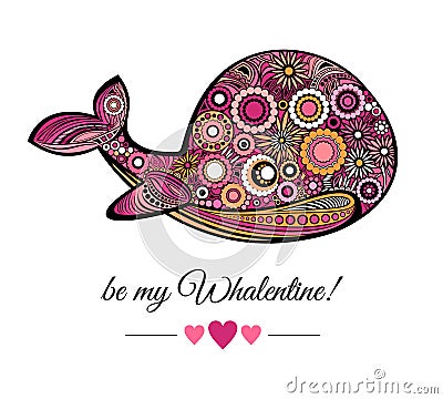 Vector the pink Whale and lettering Be my Valentine Cartoon Illustration