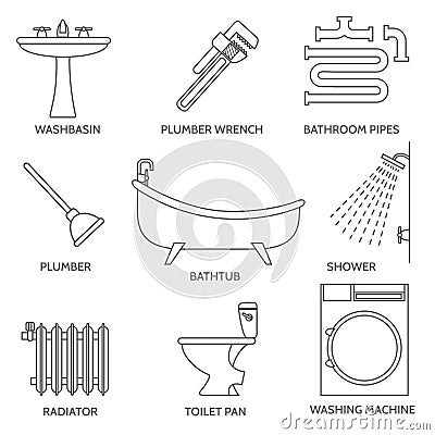 Vector pipeline plumbing icons in thin line style Vector Illustration