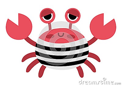 Vector pirate crab icon. Cute sea animal illustration. Treasure island hunter in stripy shirt. Funny pirate party element for kids Vector Illustration