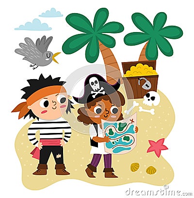 Vector pirate kids with map looking for treasure chest. Cute treasure hunt scene with children. Tropical island hunters Vector Illustration