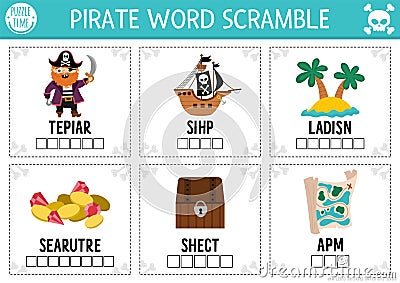 Vector pirate word scramble activity page. English language game with ship, treasure island, chest for kids. Sea adventures family Vector Illustration