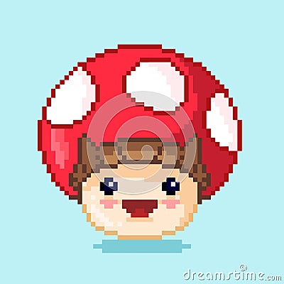 Vector pixel art 8 bit game scene with mushroom. Pixelart jumping mushroom for game. Vector Illustration