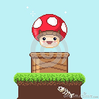 Vector pixel art 8 bit game scene with mushroom. Pixelart jumping mushroom for game. Vector Illustration