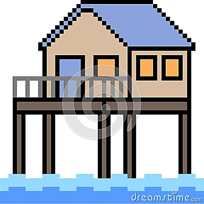 Vector pixel art house river Vector Illustration