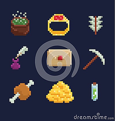 Vector pixel art illustration icons for fantasy adventure game development, ring, food, arrow, potion, inkwell, boiler Vector Illustration