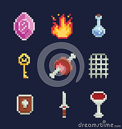 Vector pixel art illustration isons for fantasy adventure game development, gem, fire, potion, key, meat, gate, shield Vector Illustration