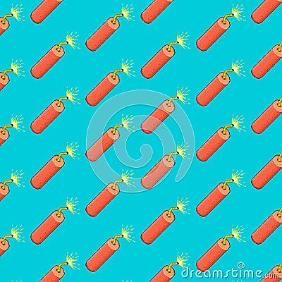 Vector pixel art multicolor endless pattern of red burning stick of dynamite or firecracker. seamless pattern of red dynami Vector Illustration