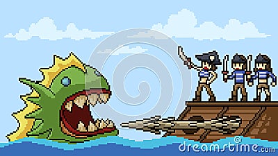 Vector pixel art pirate fight monster Vector Illustration