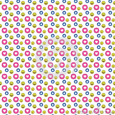 Vector pixel art seamless pattern of cartoon round social media icons of like, emoticons, heart Vector Illustration