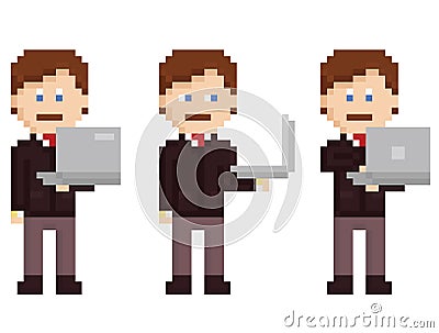 Vector pixel art set - person holding laptop Vector Illustration