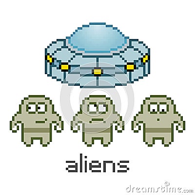 Vector pixel cute aliens and UFO Vector Illustration