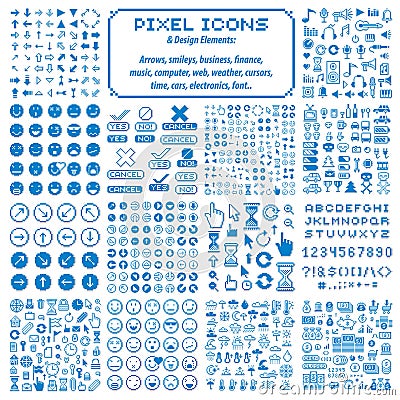 Vector pixel icons isolated, collection of 8bit graphic elements Vector Illustration