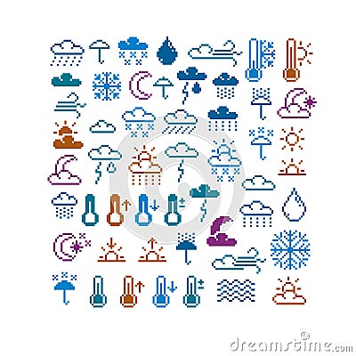 Vector pixel icons isolated, collection of 8bit meteorology graphic elements. Simplistic digital signs created in weather Vector Illustration