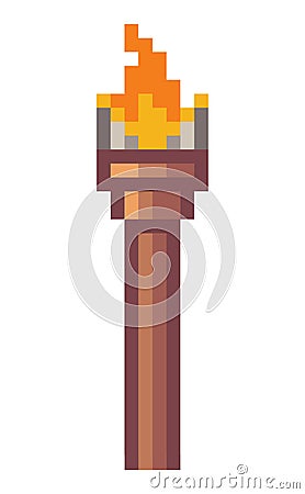 Vector pixel torch. Pixel art style 8-bit. Illustration of pixel object with a fire on white Vector Illustration