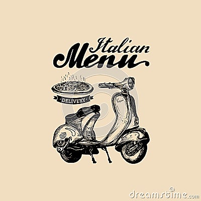 Vector pizza delivery scooter.Hand sketched retro motorroller with italian food illustration.Advertising poster, banner. Vector Illustration