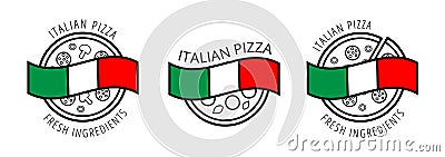 Vector pizza logos with sample text for food company products, cafe, restaurant, delivery, pizzeria, bakery Vector Illustration