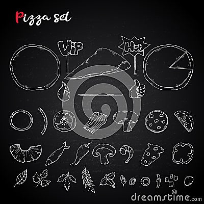 Vector pizza set,collection on a chalkboard. Pizza ingredient Vector Illustration