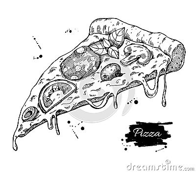 Vector Pizza slice drawing. Hand drawn pizza illustration. Vector Illustration