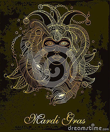 Vector placard with woman face in outline clown cap, mask, golden peacock feathers, ornate collar and beads on black background. Vector Illustration