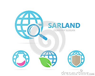 Vector of planet and loupe logo combination. World and magnifying glass symbol or icon. Unique globe and search logotype Vector Illustration