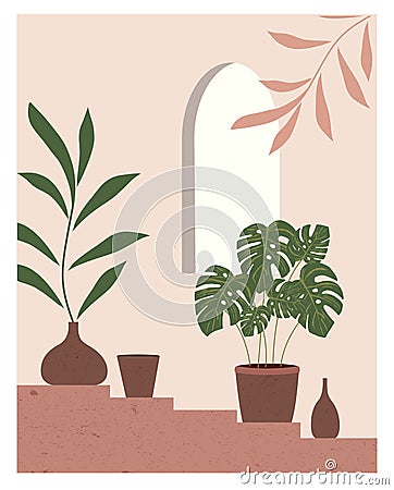 Plants in a vases on stairs Vector Illustration