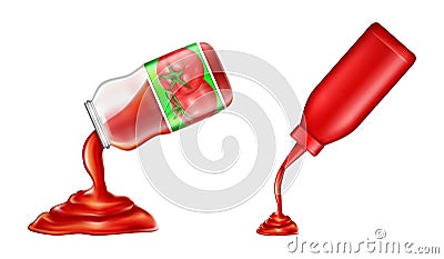 Vector plastic bottle, glass jar of ketchup in 3d realistic style. Tomato condiment, liquid sauce Vector Illustration