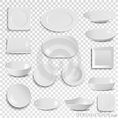 Vector plate and bowl empty white clean dinner dish utensil isolated on background meal dining dishware plateful circle Vector Illustration