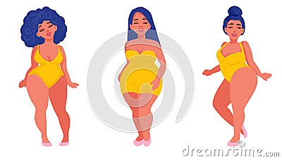 Vector Plus size girls in flat style illustration. Body positive. Vector Illustration