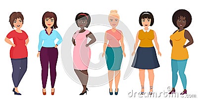 Vector plus size woman fashion. Curvy, overweight female girl in casual dress clothes. Vector Illustration