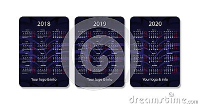 Vector pocket calendar set. 2018, 2019 and 2020 years. Blue design template. Vector Illustration